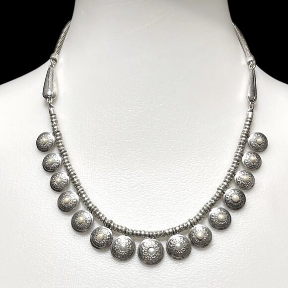 Lucky Brand Necklace Silver Tone Faux Pearl Cabochon Charms Dangle Reversible - Picture 3 of 11